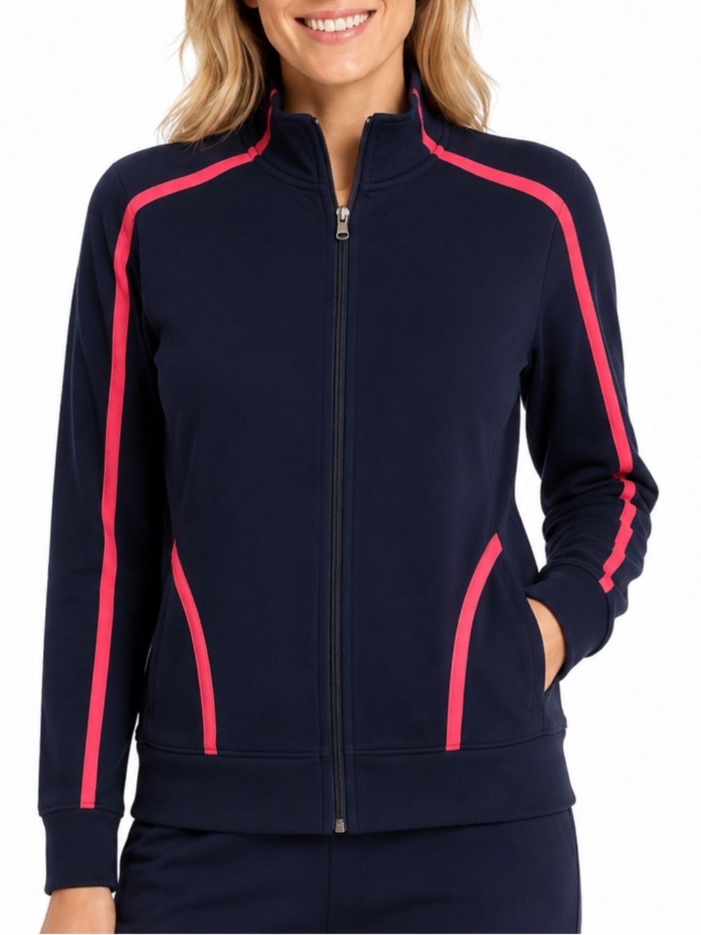 Talbots Navy Blue Track Jacket Cotton Knit Zip Up Sweatshirt Casual Sporty XL